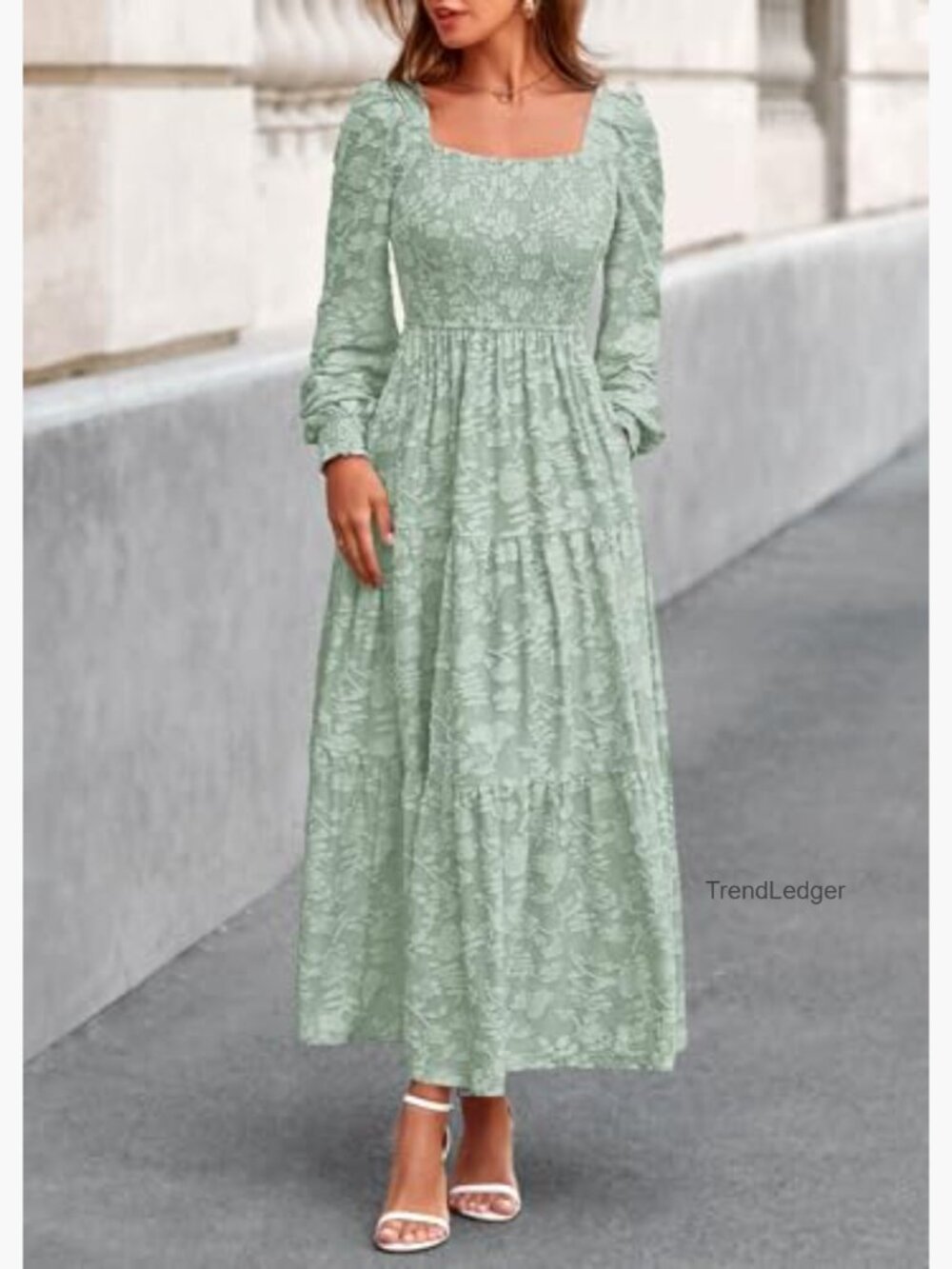 Long Sleeve Smocked Floral Maxi Dress A-Line Formal Wedding Guest - Picture 5 of 7